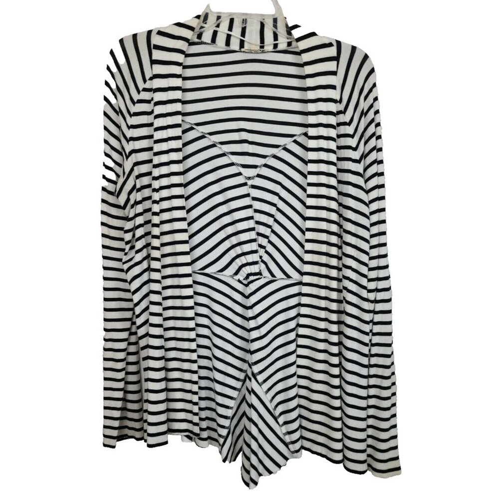 Mystree Womens Cardigan Medium Black White Striped Open Front Twist Back BOHO